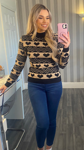 Heart Print beige and black long sleeve sweater